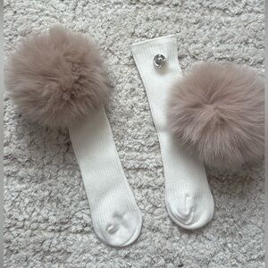Fluffy real Pom-Pom Kids Socks - Cream